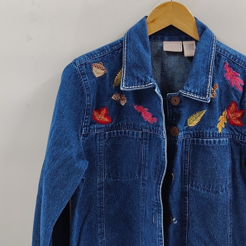 Passport Jean Jacket Large Fall Leaves Button Up Embroidery Cotton Vintage - Picture 3 of 8